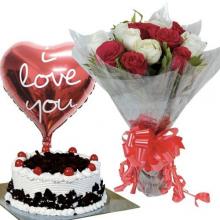 12 Red and White Roses Bouquet and 1  Black forest cake  and FREE Balloon