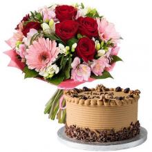 Mixed Flowers of roses and gerberas with  chocolate cake